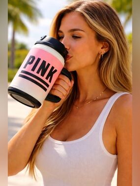 PINK Victoria’s Secret chug mug with  lid 24 oz plastic pink white black